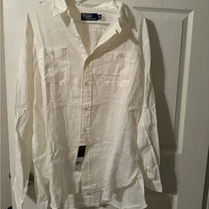 Men’s Medium White Linen Polo Ralph Lauren Long Sleeved Shirt
